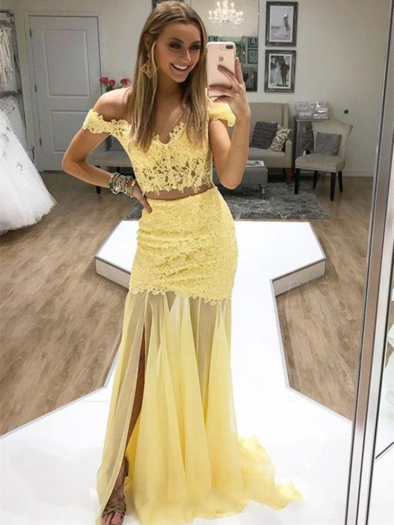 V Neck Yellow Off The Shoulder Lace Two Pieces Long Prom Dress, Yellow  Lace Two Pieces Formal Evening Dress